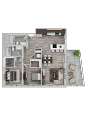 A top-down view of a house layout with a kitchen, living room, dining area, and a backyard.