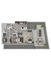 A 3D rendered image of a house layout.