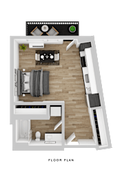 A floor plan of a house with a living room, kitchen, and two bedrooms.
