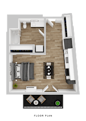 A floor plan of a house with a living room, kitchen, and two bedrooms.