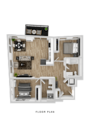 A floor plan of a small apartment with a kitchen, living room, and bedroom.