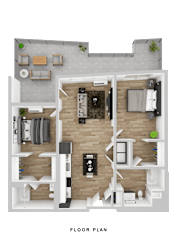 A floor plan of a house with a living room, kitchen, dining area, and two bedrooms.