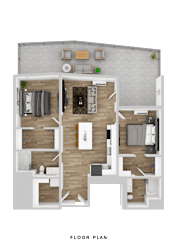 A floor plan of a house with a kitchen, living room, and bedrooms.