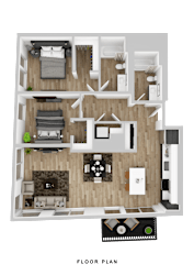 A floor plan of a house with a living room, two bedrooms, a kitchen, and a bathroom.