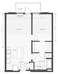 A floor plan of a house with a living area, kitchen, bathroom, and bedroom.
