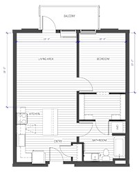A floor plan of a house with a living area, kitchen, bathroom, and bedroom.