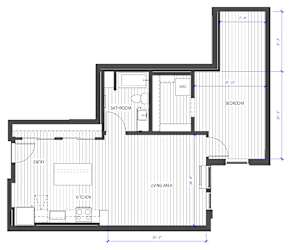 A floor plan of a house with a living area, kitchen, bathroom, and bedroom.