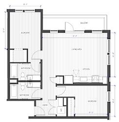A floor plan of a house with labeled rooms and dimensions.