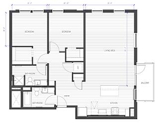 A floor plan of a house with labeled rooms such as bedrooms, bathrooms, a kitchen, and a living area.