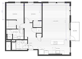 A floor plan of a house with two bedrooms, a living area, a kitchen, a bathroom, and a balcony.