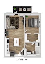 A floor plan of a house with a living room, kitchen, and two bedrooms.