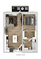 A floor plan of a house with a living room, kitchen, and two bedrooms.