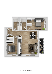 A floor plan of a house with a kitchen, living room, dining room, and two bedrooms.