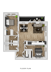 A floor plan of a small apartment with a living room, kitchen, and bedroom.