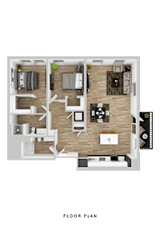 A floor plan of a house with a kitchen, living room, and two bedrooms.