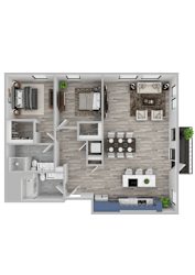 A top-down view of a house layout with a kitchen, living room, dining area, and bedrooms.
