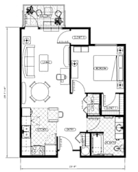 A floor plan of a house with a living room, kitchen, bedrooms and bathrooms.