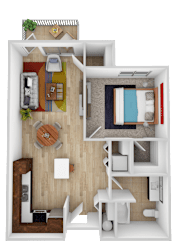 A top-down view of a small apartment with a living room, kitchen, and bedroom.