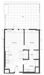 A floor plan of a house with a living area, kitchen, bedroom, bathroom, and entry.