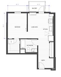 A floor plan of a small apartment with a balcony, bedroom, bathroom, kitchen, living area, and entry.
