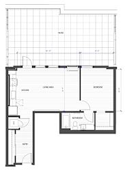 A floor plan of a house with a kitchen, living area, bedroom, bathroom, and entry.