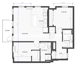 A floor plan of a house with a balcony, living area, kitchen, two bedrooms, two bathrooms, and an entry.