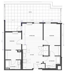 A floor plan of a house with a living area, kitchen, two bedrooms, and two bathrooms.