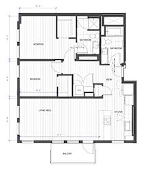 A floor plan of a house with a living area, kitchen, two bedrooms, two bathrooms, and a balcony.