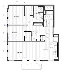 A floor plan of a house with labeled rooms such as bedrooms, bathrooms, a living area, a kitchen, an entry, and a balcony.