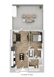 A floor plan of a small apartment with a kitchen, living room, and bedroom.