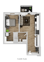 A floor plan of a small apartment with a living room, kitchen, and bathroom.