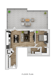A floor plan of a house with a living room, kitchen, and two bedrooms.