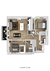 A floor plan of a house with a living room, kitchen, dining room, and two bedrooms.