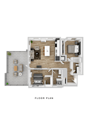 A floor plan of a house with a living room, kitchen, dining area, and two bedrooms.