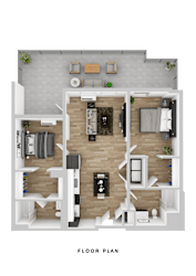 A floor plan of a small apartment with a kitchen, living room, and bedrooms.