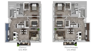 Two floor plans for a Glamour and Monochromatic unit.