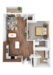 A top-down view of a small apartment with a kitchen, living room, and bathroom.