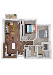 A 3D floor plan of a house with a kitchen, living room, dining room, and bedrooms.