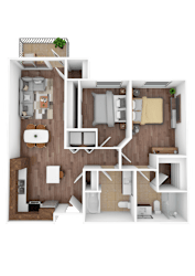 A 3D floor plan of a small apartment with a kitchen, living room, and bedrooms.