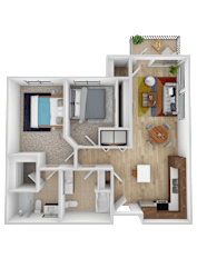 A floor plan of a house with a garage on the left and a loft on the top right.