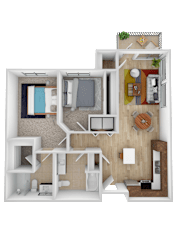 A top-down view of a house layout with a kitchen, living room, and bedrooms.