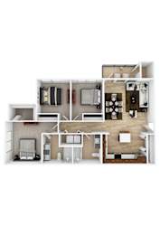 A floor plan of a house with a kitchen, living room, and bedrooms.