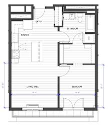 A floor plan of a house with a living area, kitchen, bathroom, and bedroom.
