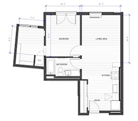A floor plan of a house with a living area, kitchen, bathroom, and bedroom.
