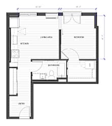 A floor plan of a house with a living area, kitchen, bedroom, bathroom, and entry.