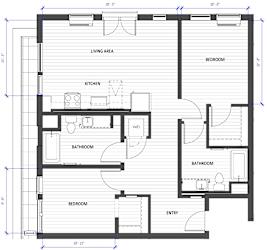 A floor plan of a house with labeled rooms such as kitchen, living area, and bathrooms.