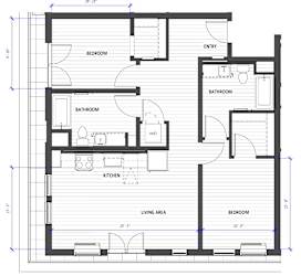 A floor plan of a house with labeled rooms such as bedroom, bathroom, and kitchen.