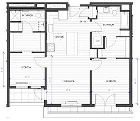 A floor plan of a house with two bedrooms, a living area, a kitchen, and two bathrooms.