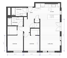 A floor plan of a house with two bedrooms, a living area, a kitchen, and two bathrooms.