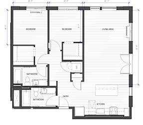 A floor plan of a house with two bedrooms, two bathrooms, a living area, an entry, a kitchen, and a wood-burning stove.